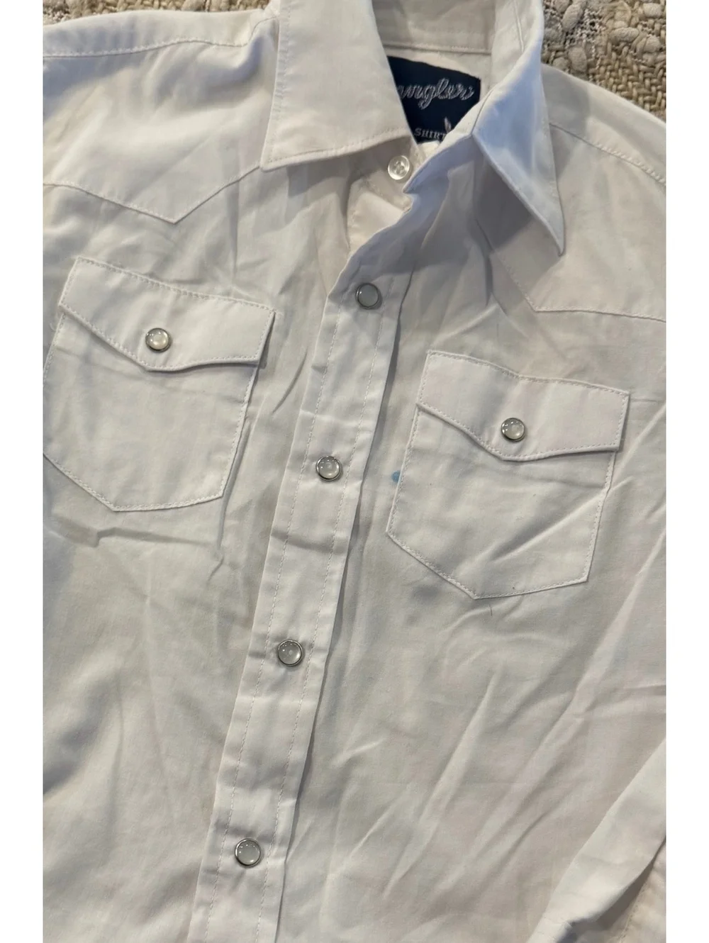 Wrangler boys' white long-sleeve denim shirt with pearl snaps, Size XS (4/5)